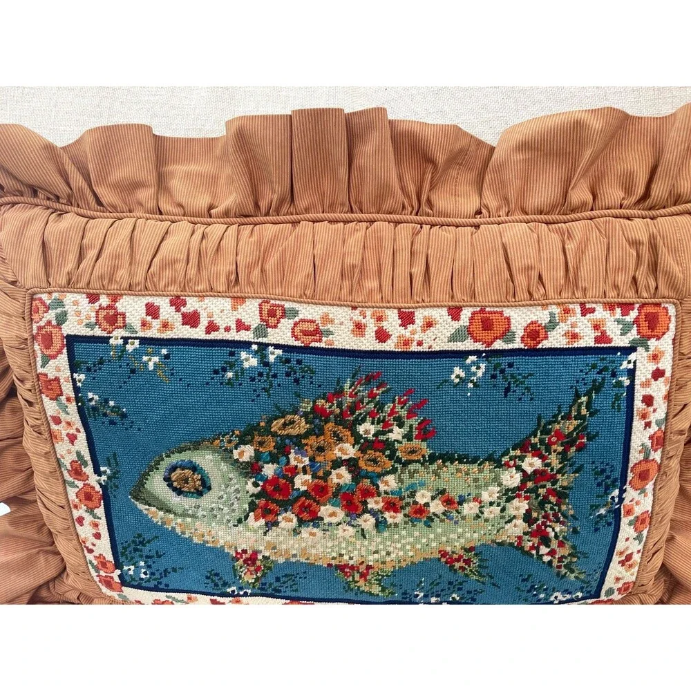 Vintage Custom Needlepoint Fish Lumbar Pillow 15